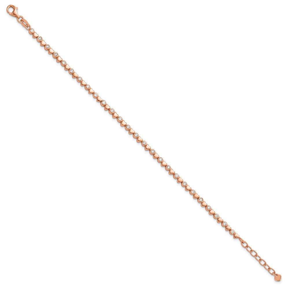 Sterling Silver Rose-tone Polished CZ and Hearts 7in w/1in ext. Bracelet