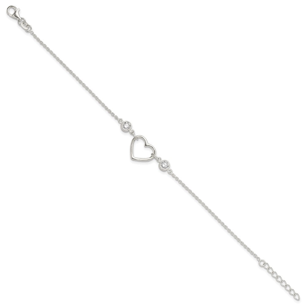 Sterling Silver Rhodium-plated Polished CZ and Open Heart 7 w/1in ext Brac