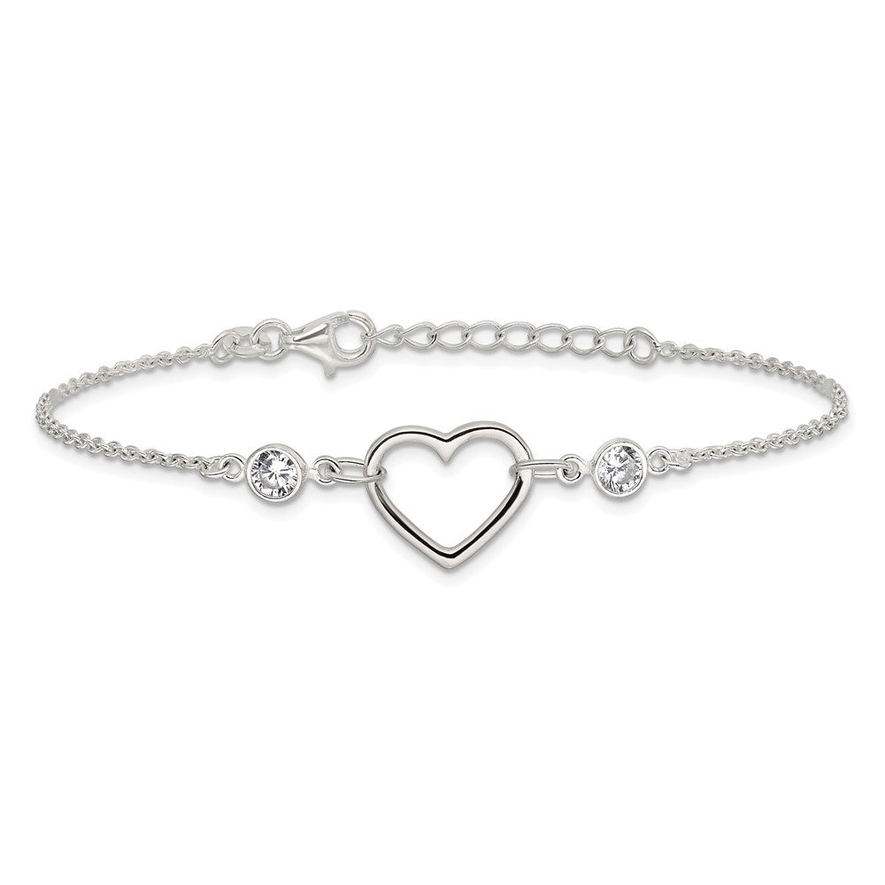 Sterling Silver Rhodium-plated Polished CZ and Open Heart 7 w/1in ext Brac