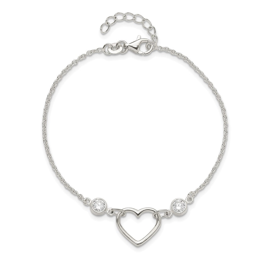 Sterling Silver Rhodium-plated Polished CZ and Open Heart 7 w/1in ext Brac