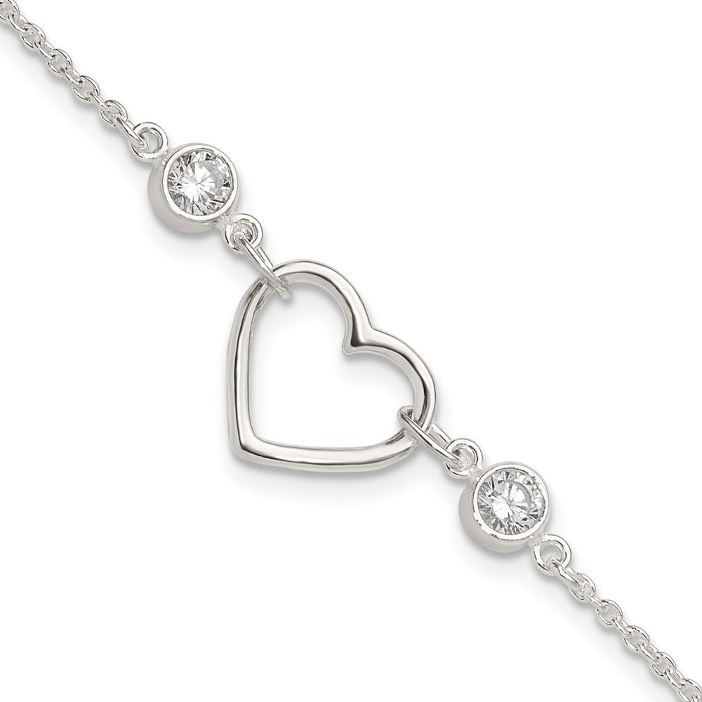 Sterling Silver Rhodium-plated Polished CZ and Open Heart 7 w/1in ext Brac