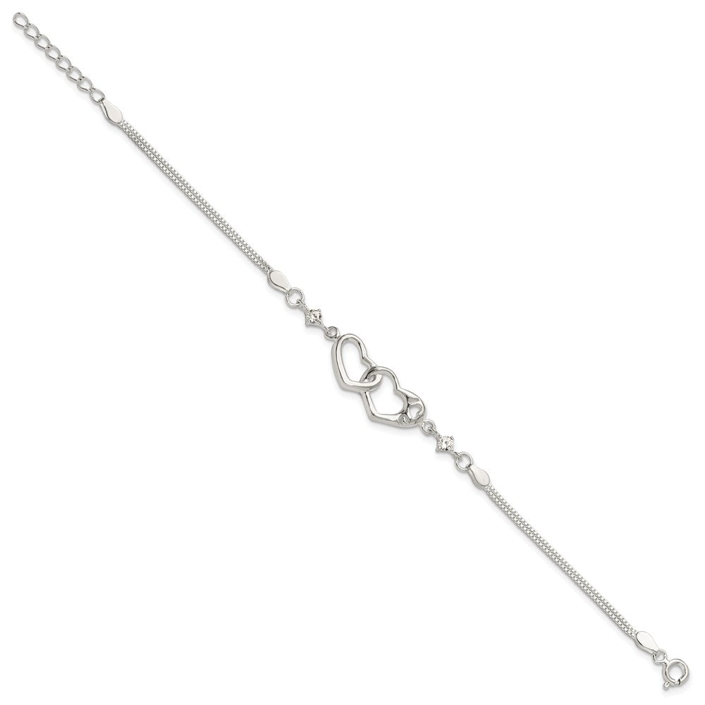 Sterling S Rh-pld Pol Open Double Heart CZ \I Heart U\" w/1in ext Bracelet"
