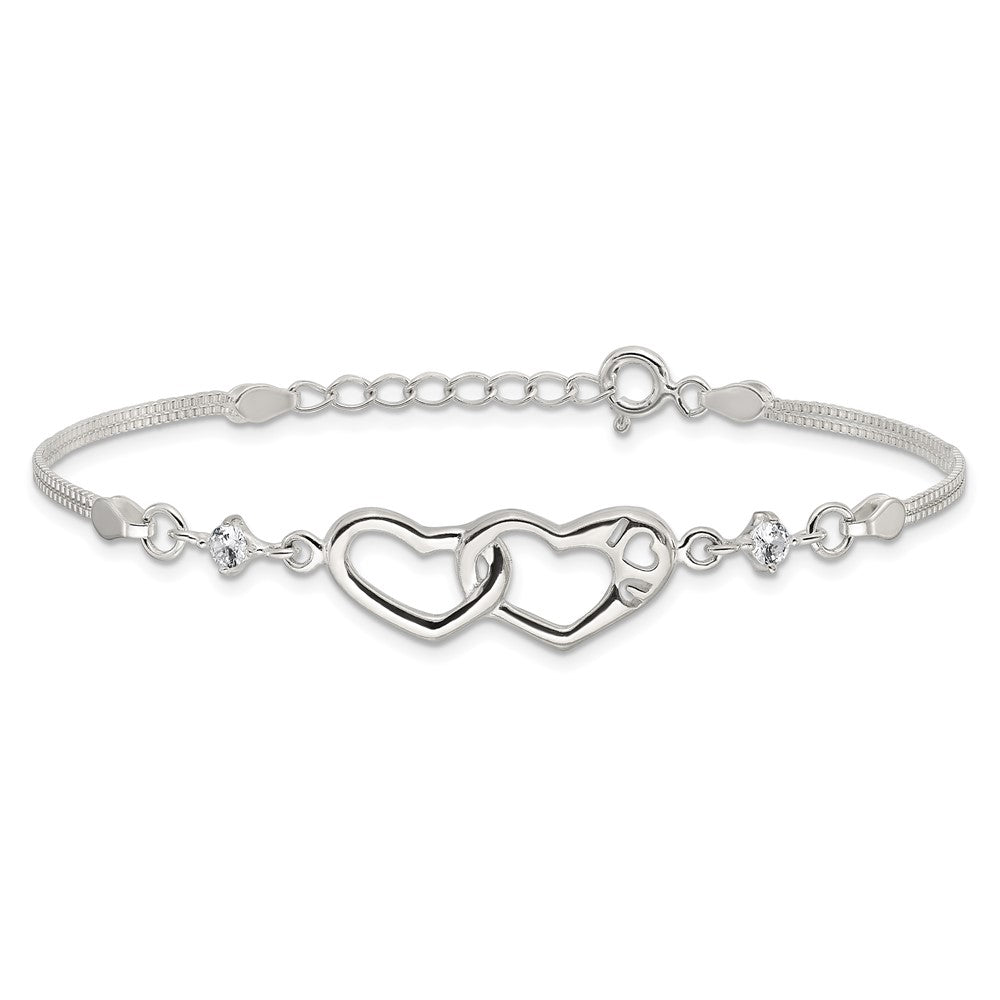 Sterling S Rh-pld Pol Open Double Heart CZ \I Heart U\" w/1in ext Bracelet"