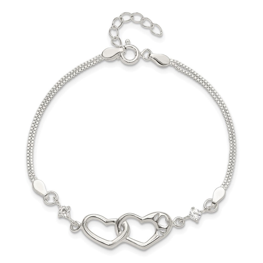 Sterling S Rh-pld Pol Open Double Heart CZ \I Heart U\" w/1in ext Bracelet"