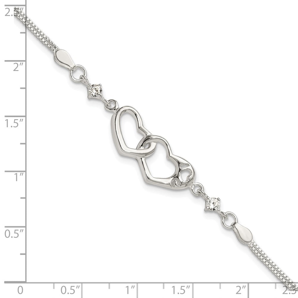 Sterling S Rh-pld Pol Open Double Heart CZ \I Heart U\" w/1in ext Bracelet"