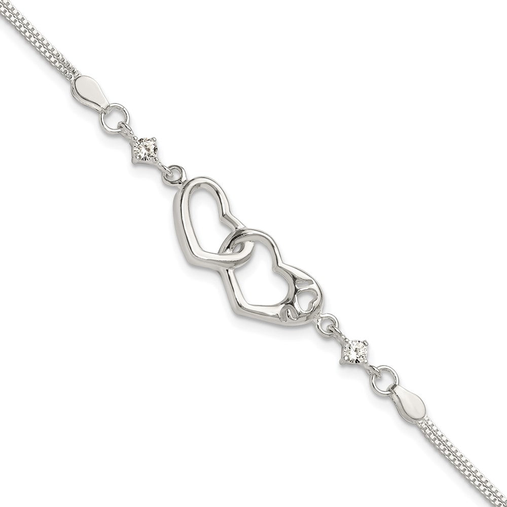 Sterling S Rh-pld Pol Open Double Heart CZ \I Heart U\" w/1in ext Bracelet"