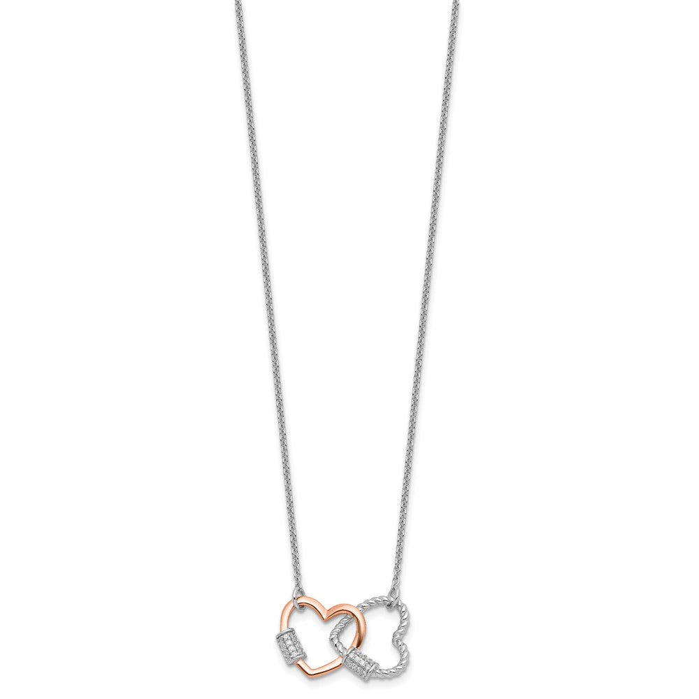 Sterling Silver Rh-plated Rose-tone Double Heart CZ w/ ext Necklace