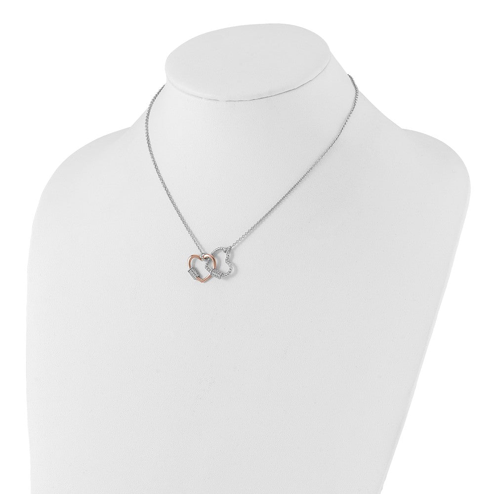 Sterling Silver Rh-plated Rose-tone Double Heart CZ w/ ext Necklace
