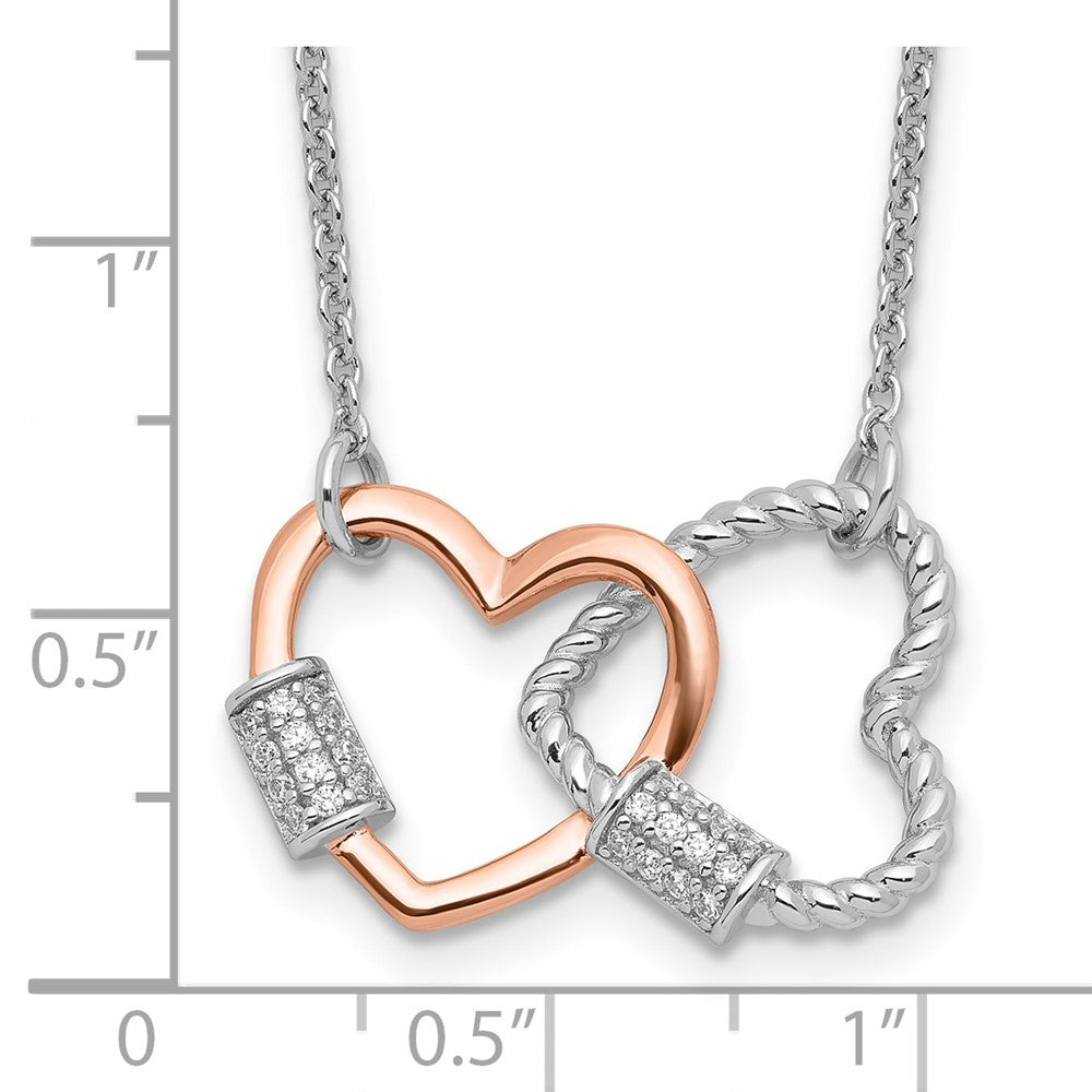 Sterling Silver Rh-plated Rose-tone Double Heart CZ w/ ext Necklace