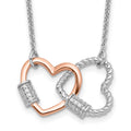 Sterling Silver Rh-plated Rose-tone Double Heart CZ w/ ext Necklace
