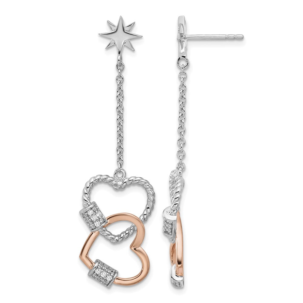 Pure Fire Sterling Silver Rhod-plated Rose-tone CZ Hearts Dangle Post Earri