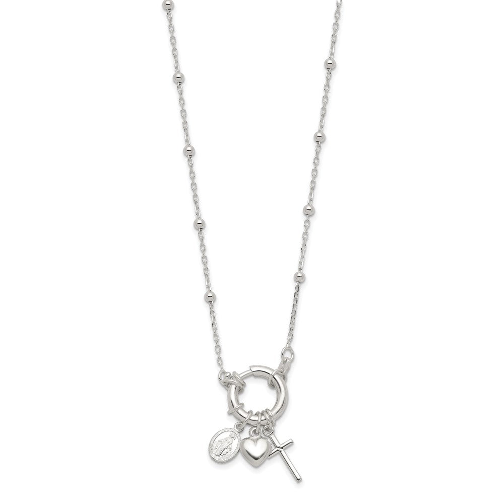 Sterling Silver Heart/Miraculous Medal/Cross Charm 18in Necklace