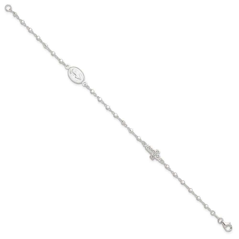 Sterling Silver Polished with CZ Cross and Miraculous Medal 7.5in Bracelet