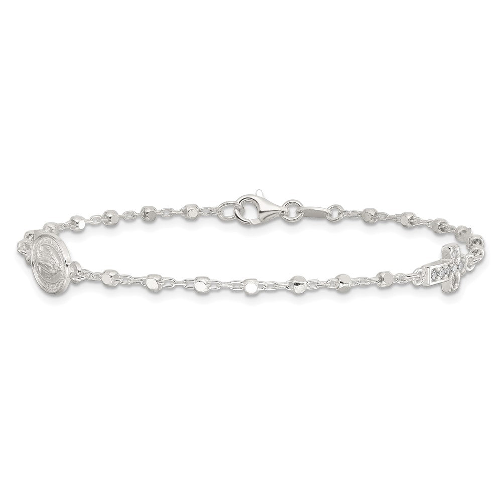 Sterling Silver Polished with CZ Cross and Miraculous Medal 7.5in Bracelet