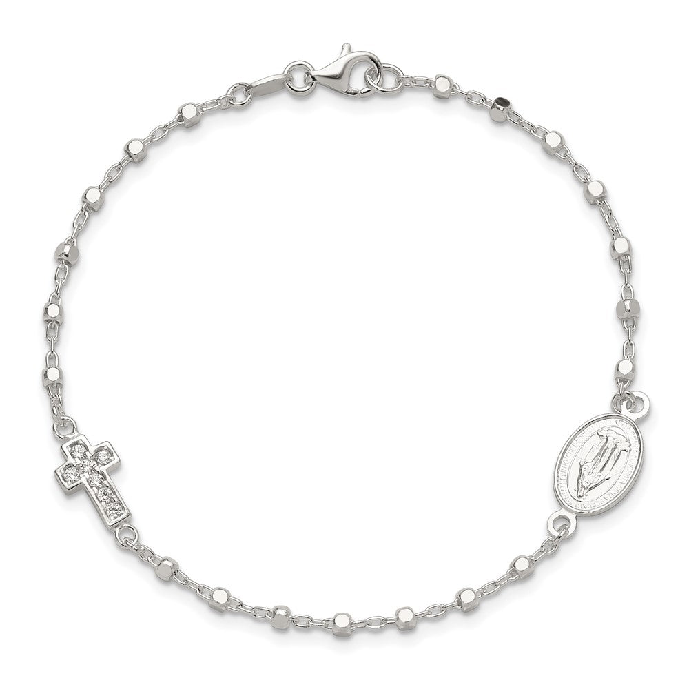 Sterling Silver Polished with CZ Cross and Miraculous Medal 7.5in Bracelet