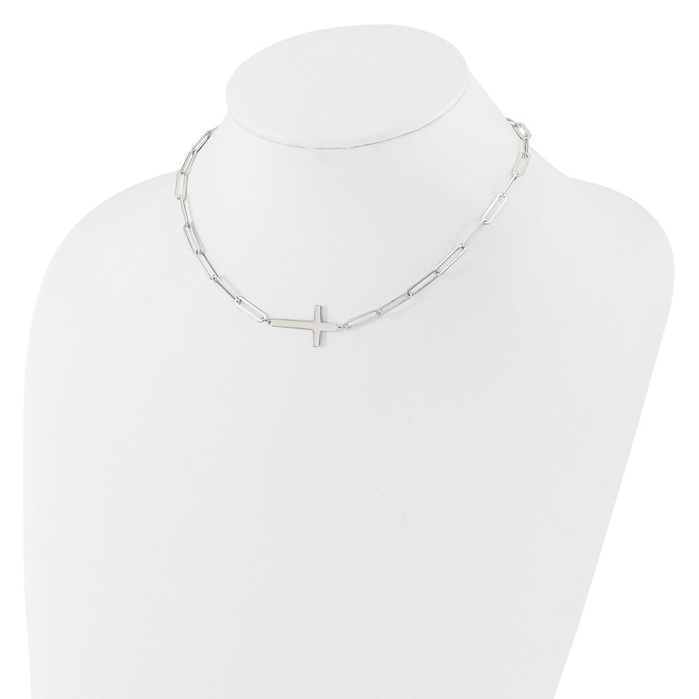 Sterling Silver E-Coated Cross Paperclip Link w/2 in ext Necklace