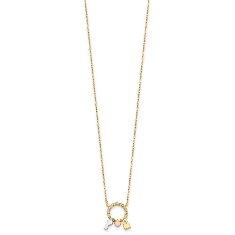 Sterling Silver Rhod-plated Gold/Rose-tone CZ Key/Lock/Heart w/2In Ext Neck