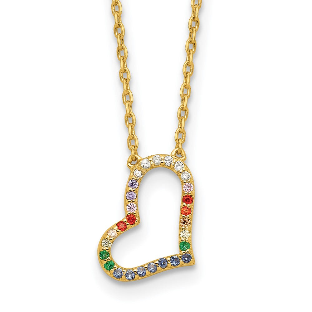 Sterling Silver Gold-PLATED CZ Glass Heart w/2in ext Necklace