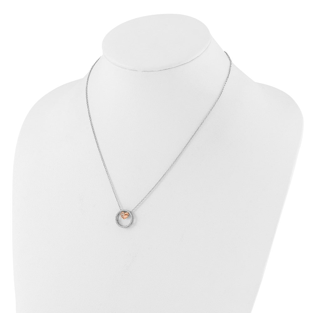 Sterling Silver Rh-plated Rose-tone CZ Heart w/1in ext Necklace