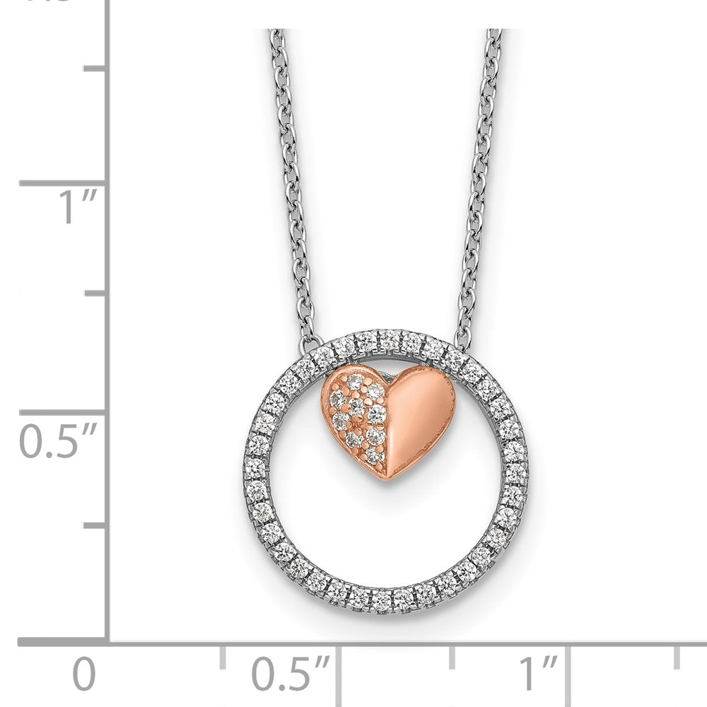 Sterling Silver Rh-plated Rose-tone CZ Heart w/1in ext Necklace