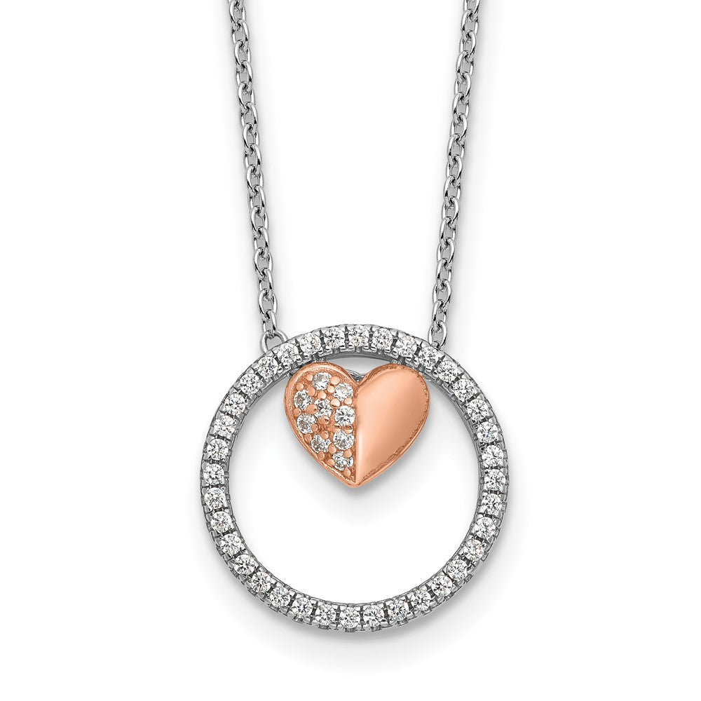 Sterling Silver Rh-plated Rose-tone CZ Heart w/1in ext Necklace