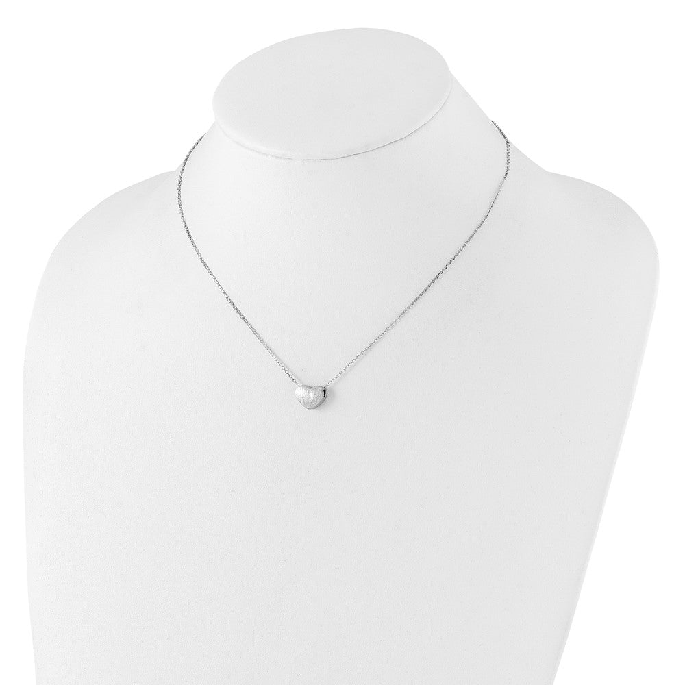 Sterling Silver Rho-plated Brushed Heart 16.5in w/1in ext Necklace