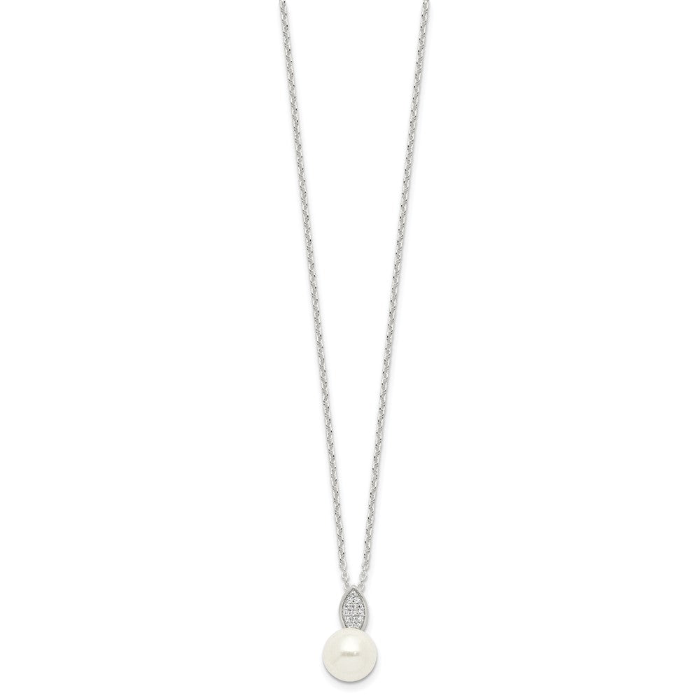 Sterling Silver Polished CZ and Simulated Pearl Necklace
