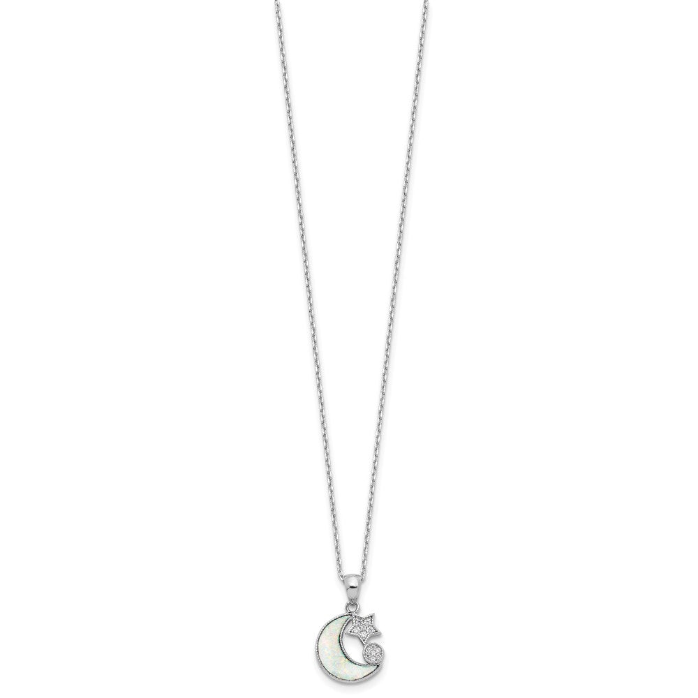 Sterling Silver Rhod-plated CZ Created Opal Inlay Moon w/2in ext Necklace