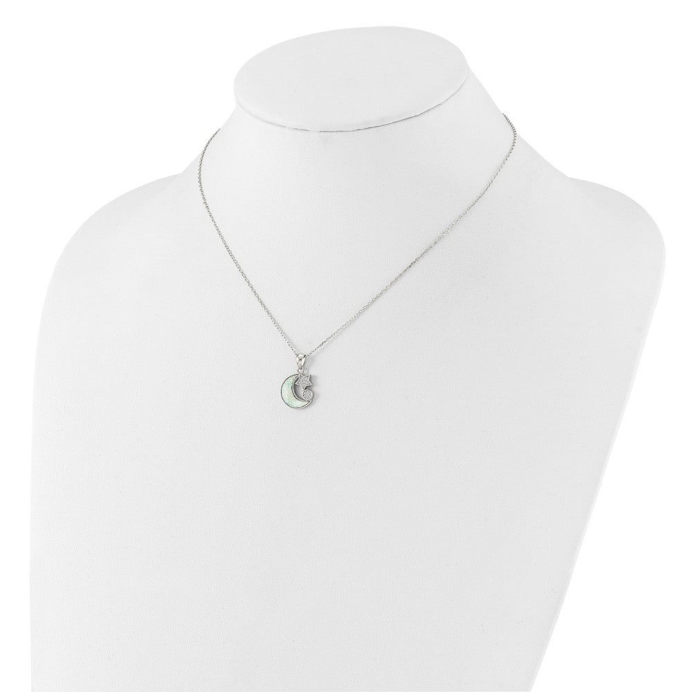 Sterling Silver Rhod-plated CZ Created Opal Inlay Moon w/2in ext Necklace