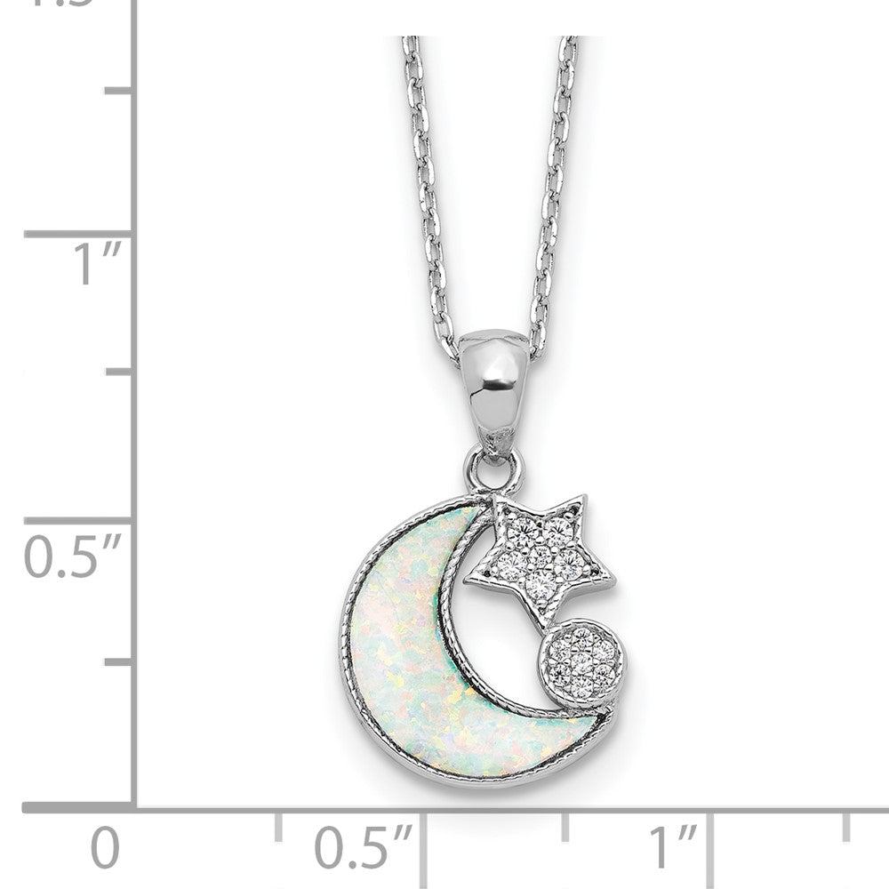 Sterling Silver Rhod-plated CZ Created Opal Inlay Moon w/2in ext Necklace