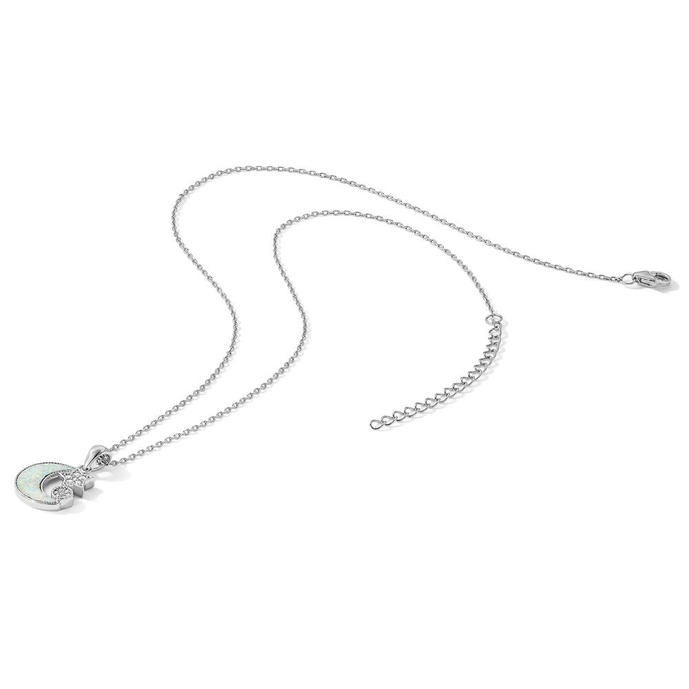 Sterling Silver Rhod-plated CZ Created Opal Inlay Moon w/2in ext Necklace