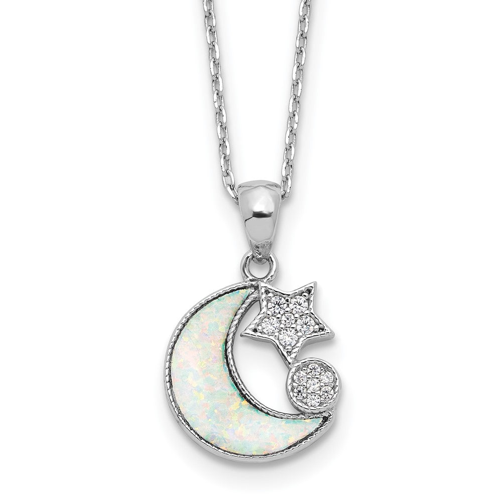 Sterling Silver Rhod-plated CZ Created Opal Inlay Moon w/2in ext Necklace