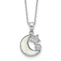 Sterling Silver Rhod-plated CZ Created Opal Inlay Moon w/2in ext Necklace