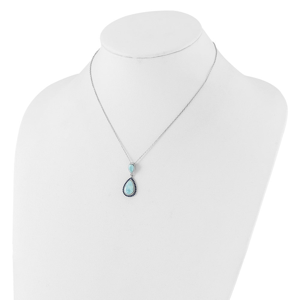 Sterling Silver RH-plated Blue CZ and Larimar 16in w/2in ext Necklace