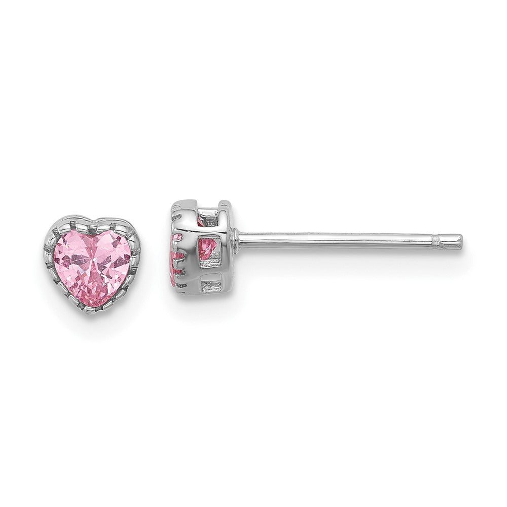 Sterling Silver RH-pltd Pink CZ Heart 13in w/2in ext Necklace/Earring Set