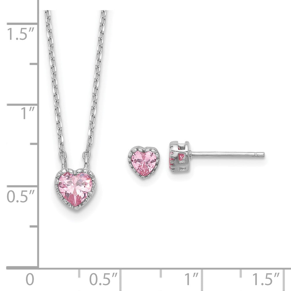 Sterling Silver RH-pltd Pink CZ Heart 13in w/2in ext Necklace/Earring Set