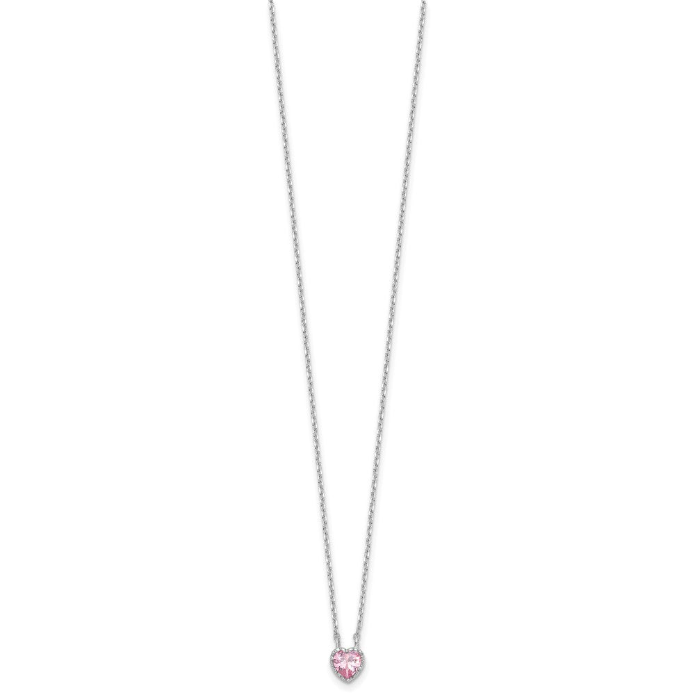 Sterling Silver RH-pltd Pink CZ Heart 13in w/2in ext Necklace/Earring Set