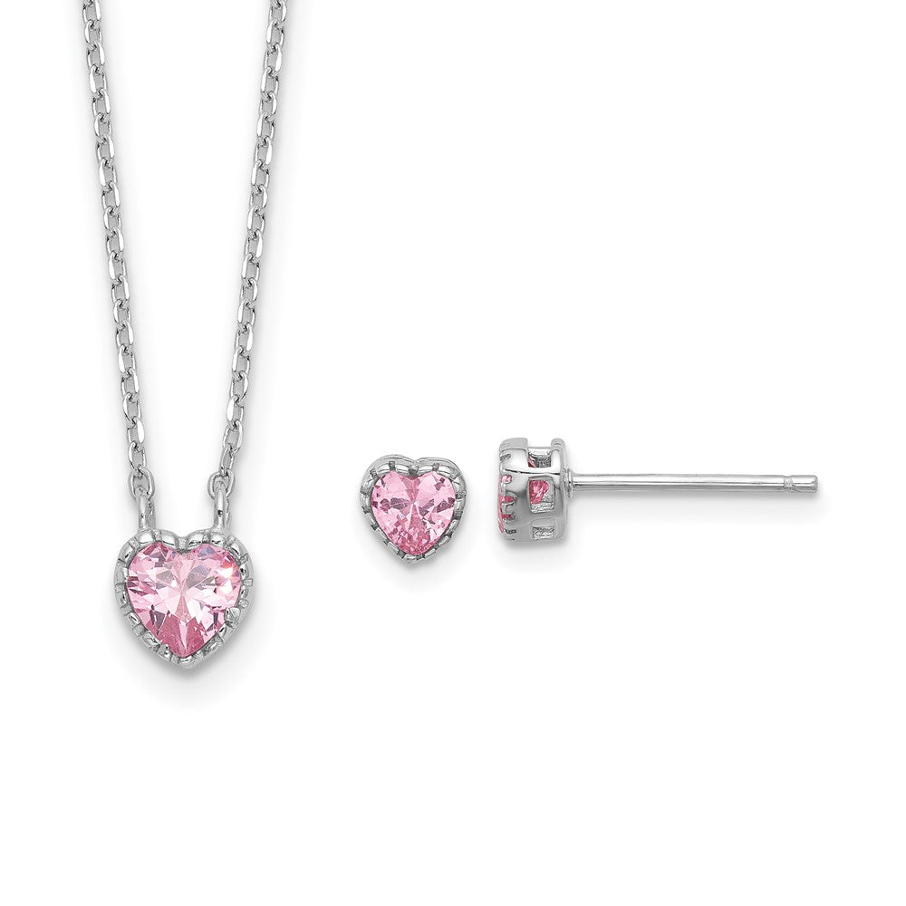 Sterling Silver RH-pltd Pink CZ Heart 13in w/2in ext Necklace/Earring Set