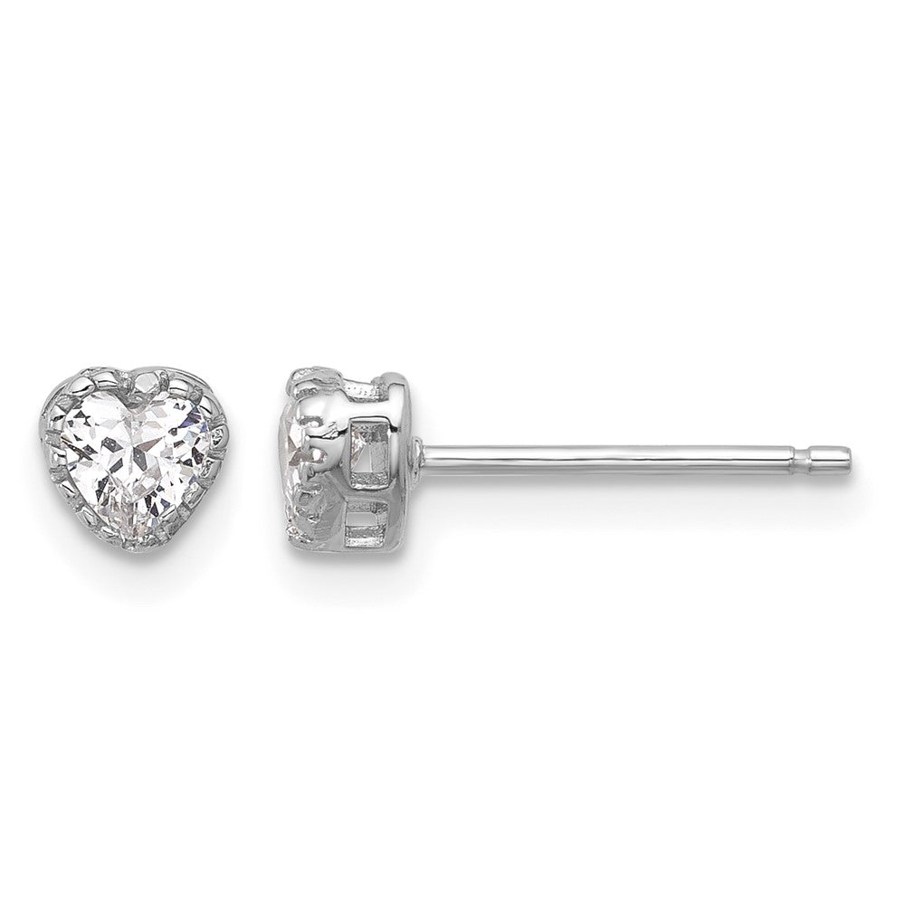 Sterling Silver RH-plated CZ Heart 13in w/2in ext Necklace/Post Earring Set