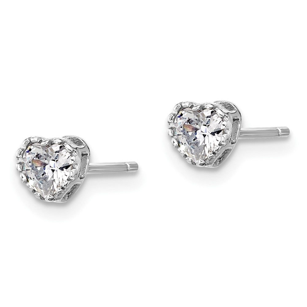 Sterling Silver RH-plated CZ Heart 13in w/2in ext Necklace/Post Earring Set