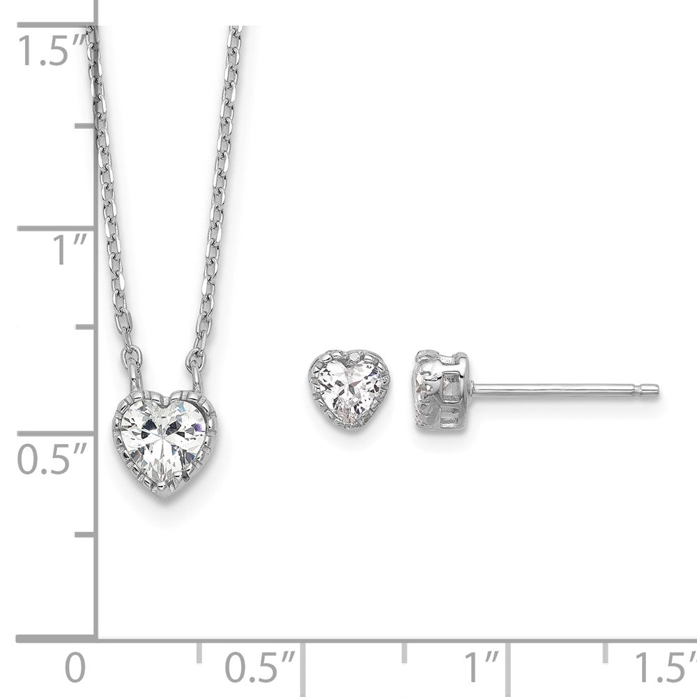 Sterling Silver RH-plated CZ Heart 13in w/2in ext Necklace/Post Earring Set
