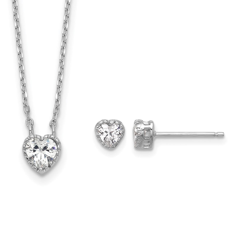 Sterling Silver RH-plated CZ Heart 13in w/2in ext Necklace/Post Earring Set