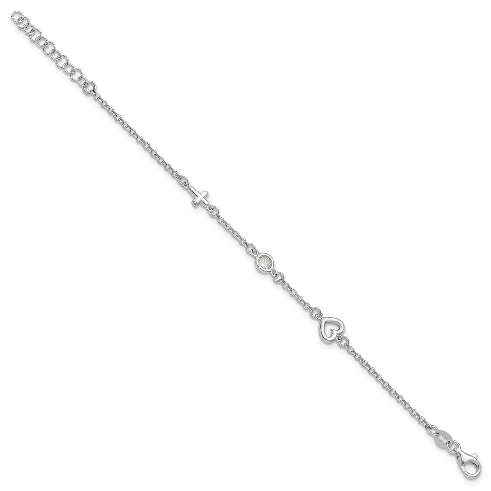 Sterling Silver RH-plated CZ Heart & Cross 5.5 inch w/1in ext. Bracelet