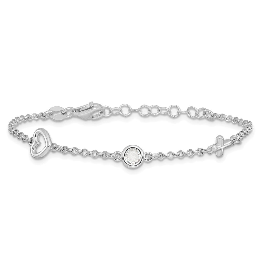 Sterling Silver RH-plated CZ Heart & Cross 5.5 inch w/1in ext. Bracelet