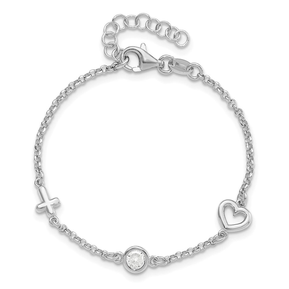 Sterling Silver RH-plated CZ Heart & Cross 5.5 inch w/1in ext. Bracelet