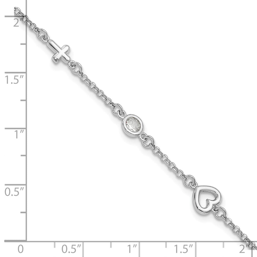 Sterling Silver RH-plated CZ Heart & Cross 5.5 inch w/1in ext. Bracelet