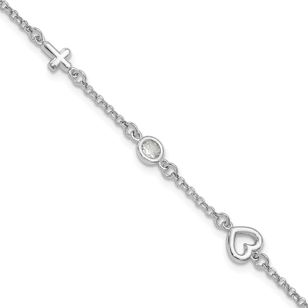 Sterling Silver RH-plated CZ Heart & Cross 5.5 inch w/1in ext. Bracelet