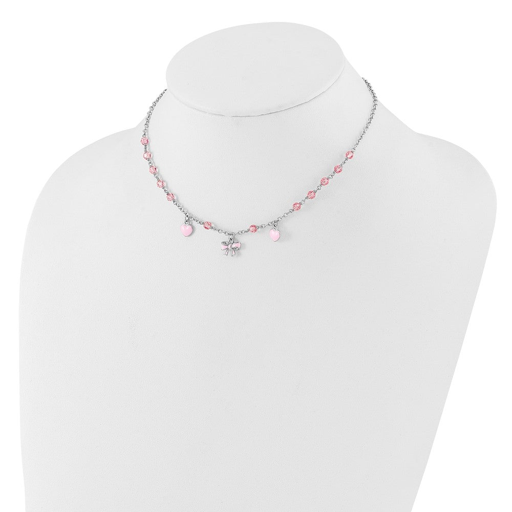 SS Rh-plated Crystal & Pink Enamel Heart 13 inch w/ 1in ext Necklace