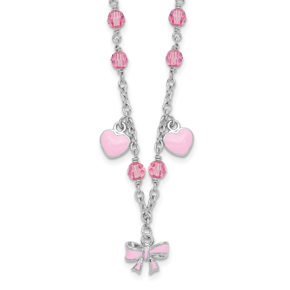 SS Rh-plated Crystal & Pink Enamel Heart 13 inch w/ 1in ext Necklace
