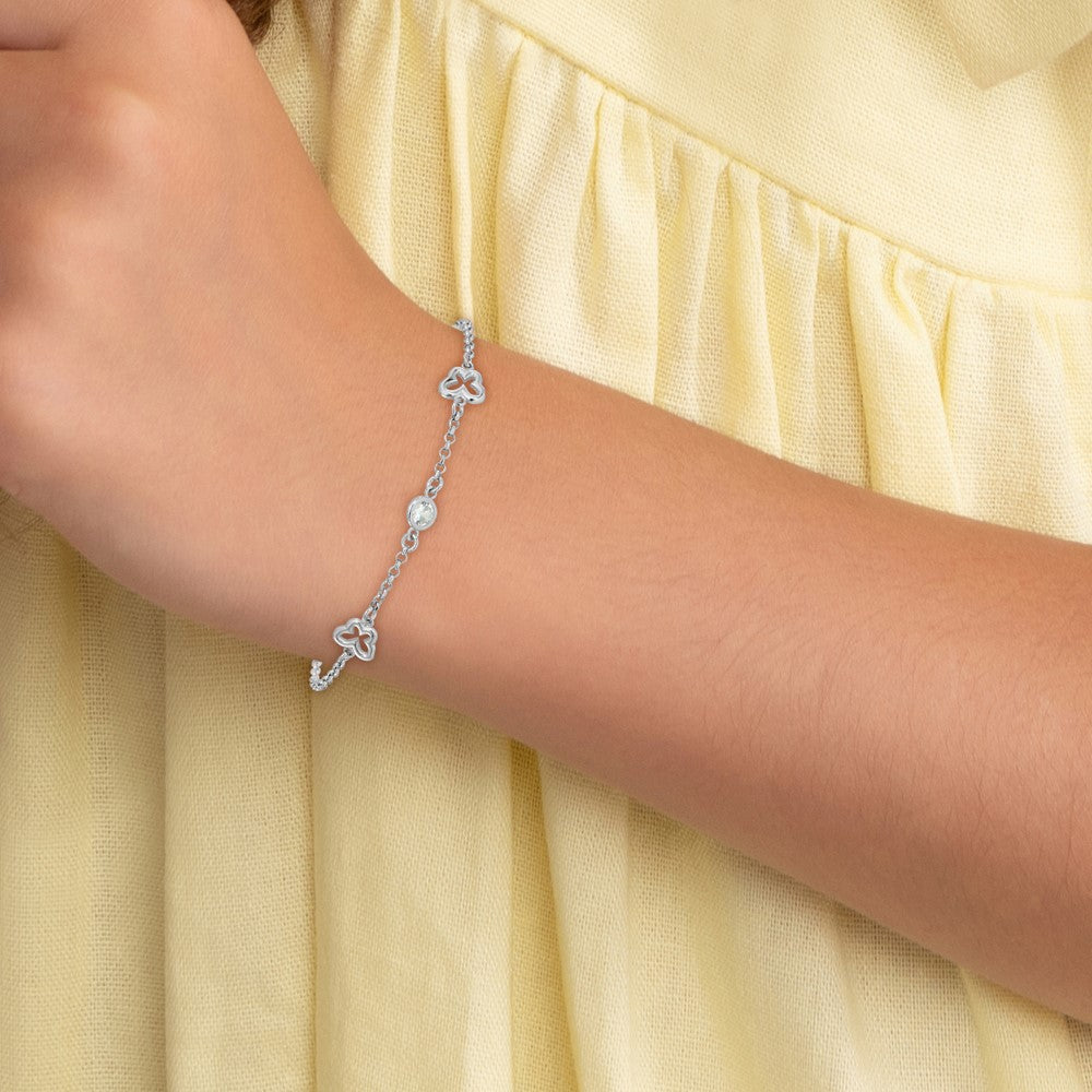 Sterling Silver RH-plated CZ Butterfly 5.5 Inch w/1 Inch Ext. Bracelet